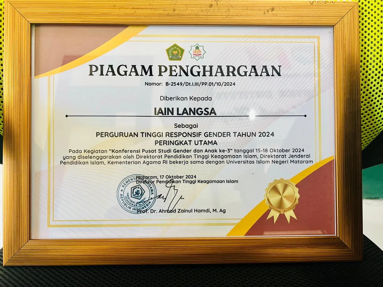 PSGA IAIN Langsa Raih Penghargaan PTRG Tingkat Utama